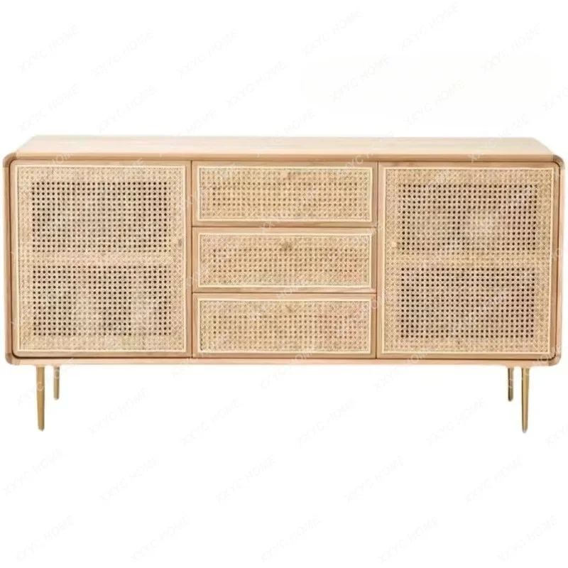 XX  Medieval Solid Wood Three-bucket Cabinet Household Modern Simple Drawer Rattan Locker