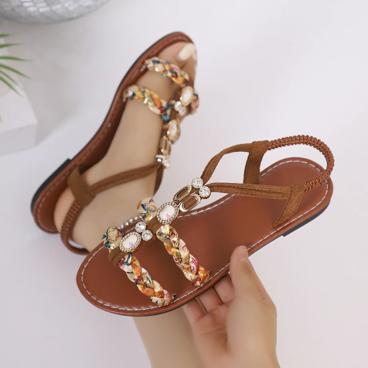 Women Sandals Fashionable Round Toe Shoes Women Bohemian Style One Foot Elastic Band Shoes Casual Versatile Flat Sandals Shoes