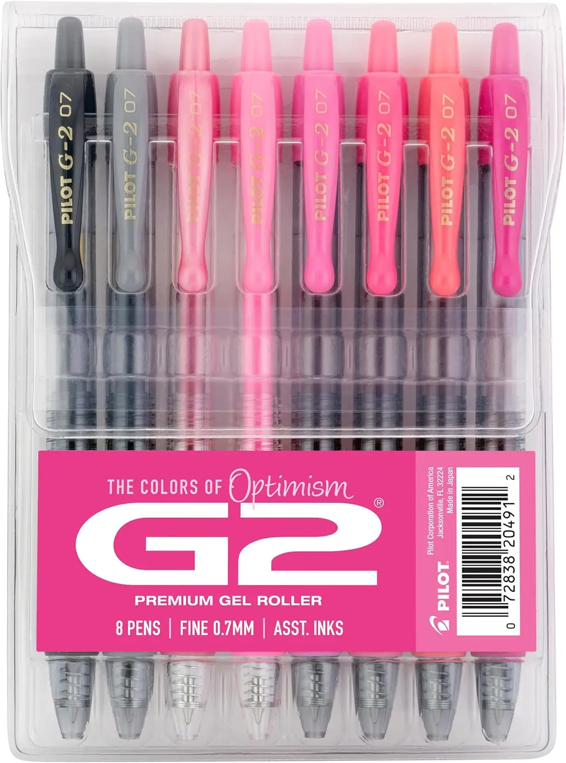 

Premium Gel Roller Pens, Pink Pens Pack, Colors of Optimism, 8 Pack, Fine Point 0.7 mm, Assorted
