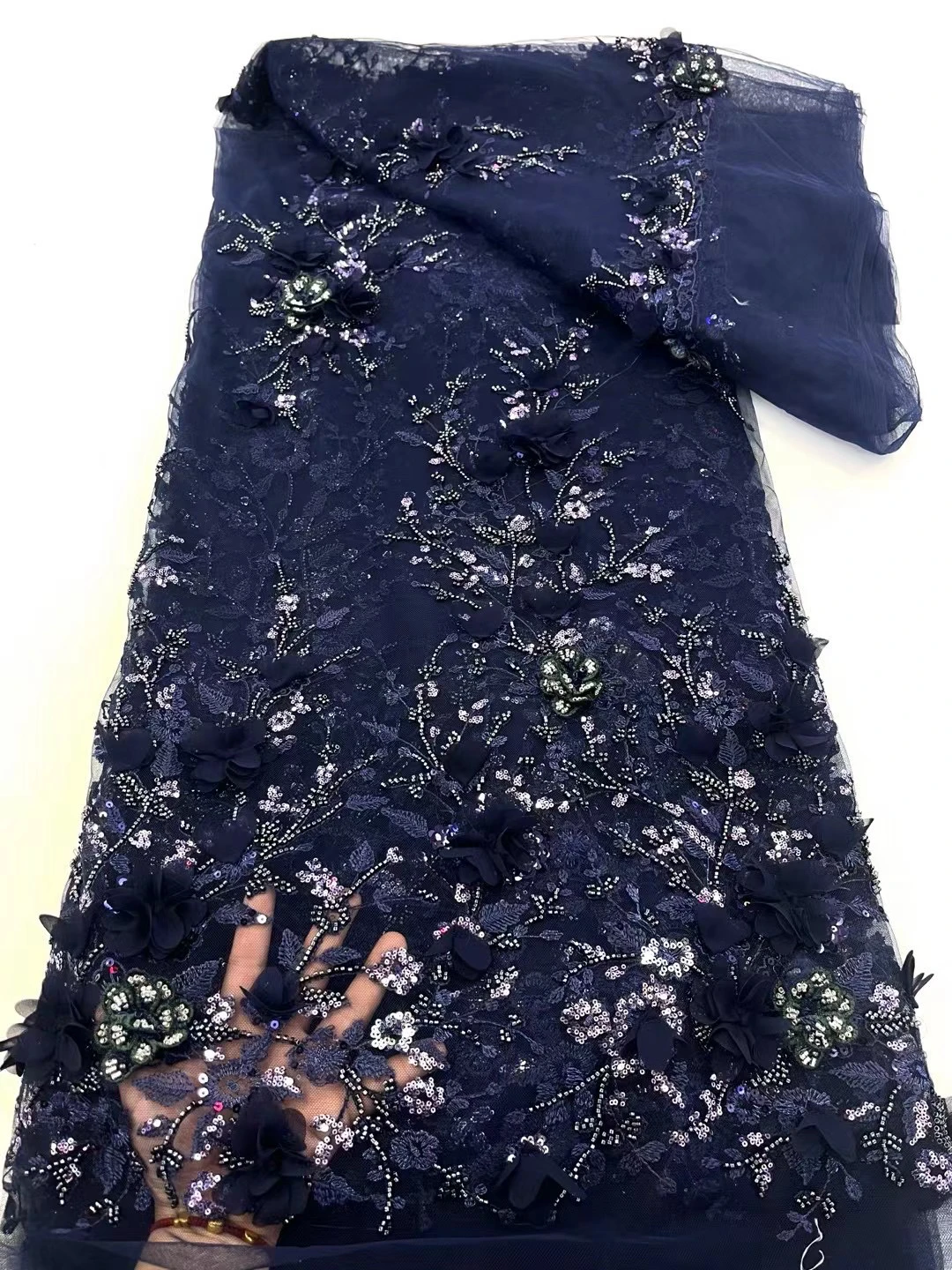 Lujoso modelo de alta gama, exquisito y resistente, con cuentas de lentejuelas y flores de tul francés Nigeriano para vestidos