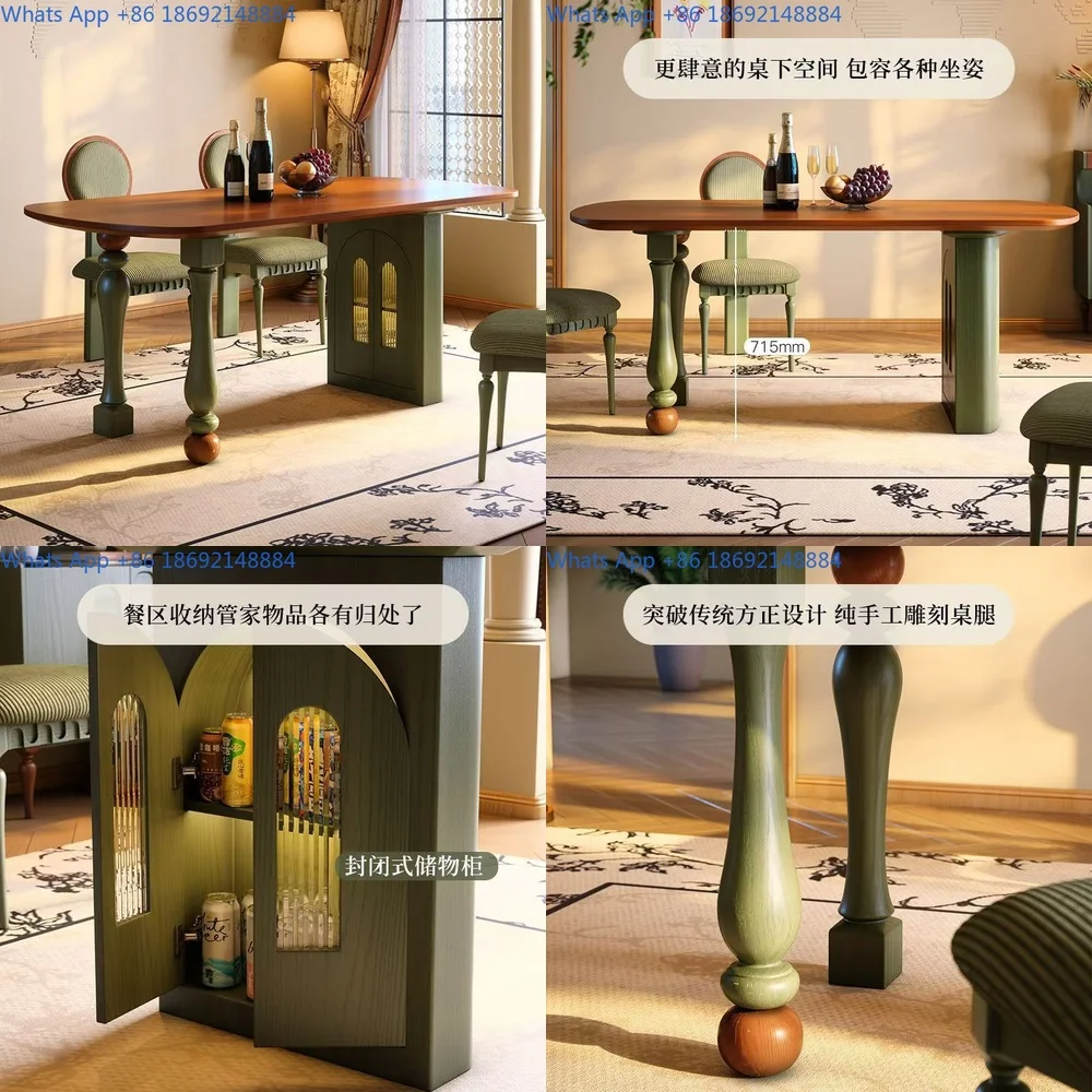 

French Style Vintage Solid Wood Dining Table Rectangular Ash Wood Storage Table for Small Space