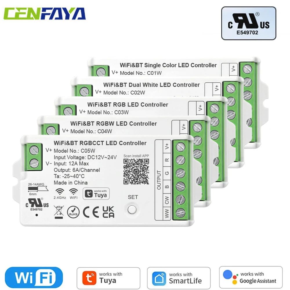 CENFAYA UL Certified LED Controller 2.4GHz WiFi PWM Dimming Tuya Dimmer Alexa/Google Home APP Control for PWM SMD COB LED Strip