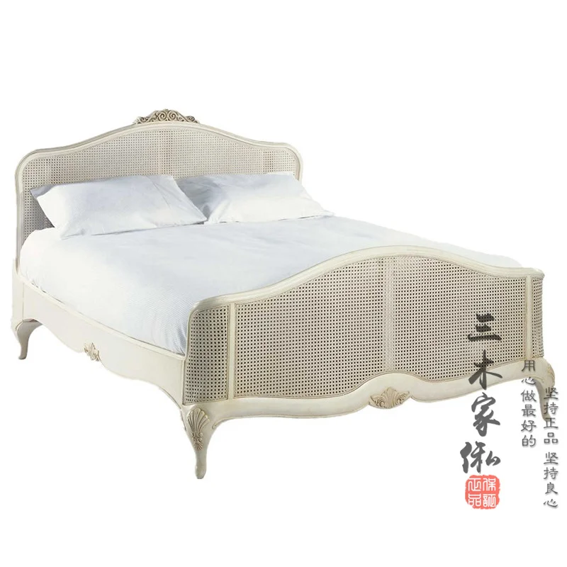 Retro solid wood rattan bed American simple carved rattan bed original wood color master bedroom 1.5/1.8m double bed