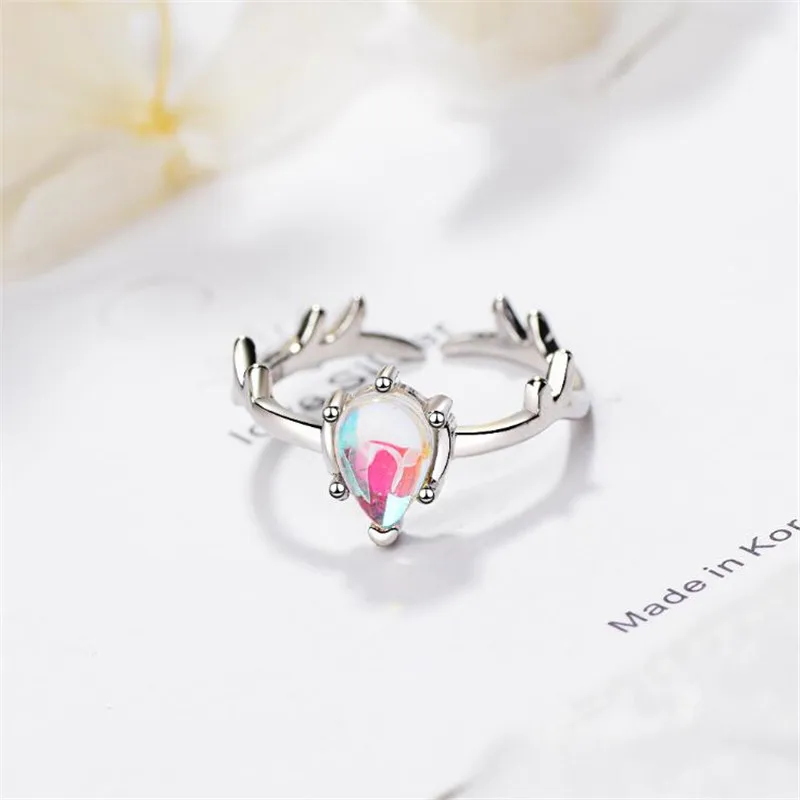 New Personality Beautiful Colorful Moonstone Deer 925 Sterling Silver Jewelry Elk Branch Antler Women Opening Rings R446