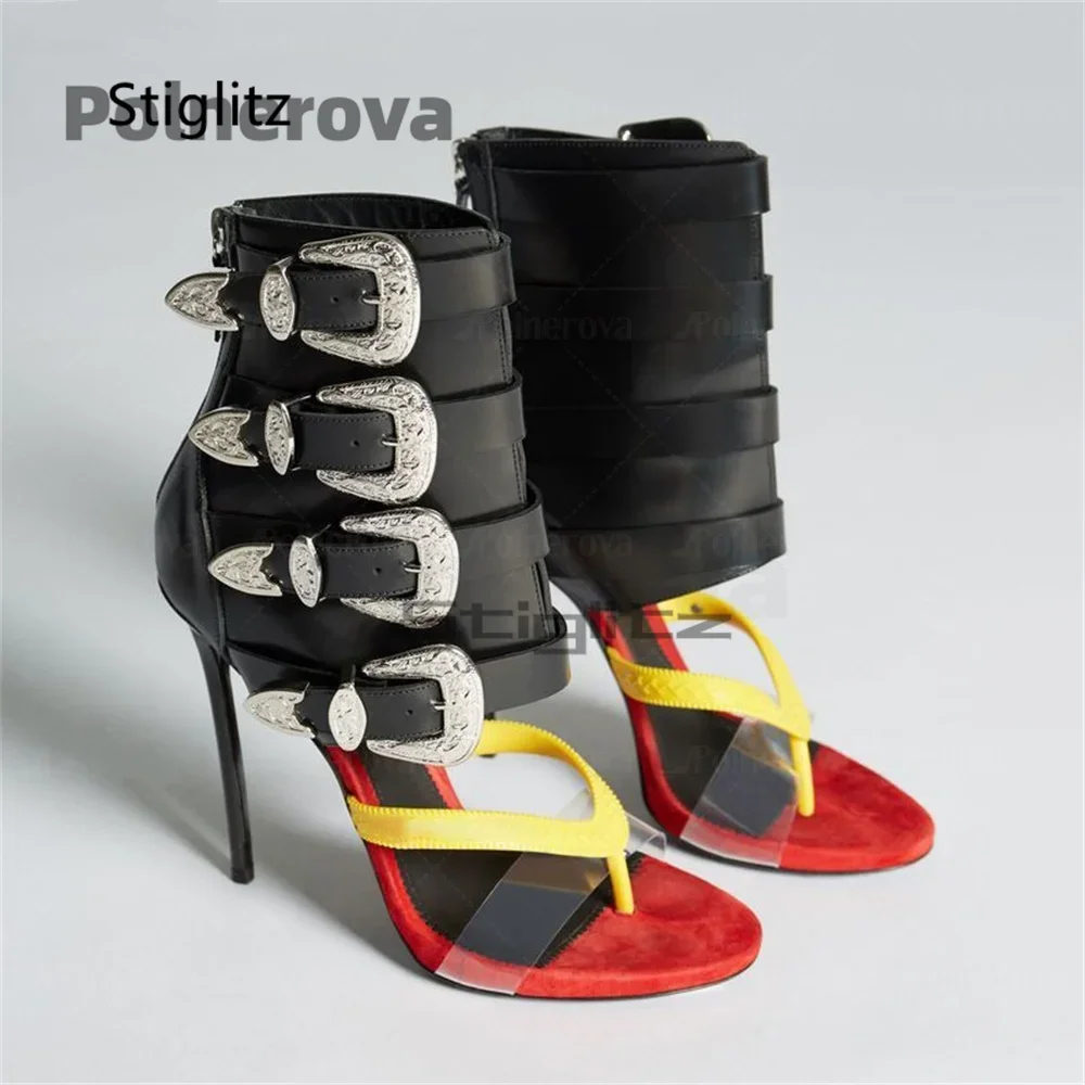 Metal Buckle Flip Flop Summer Boots Women High Heels Open Toeclip Toe Stiletto Heel Back Zipper Mixed Colors Ladies Sandals