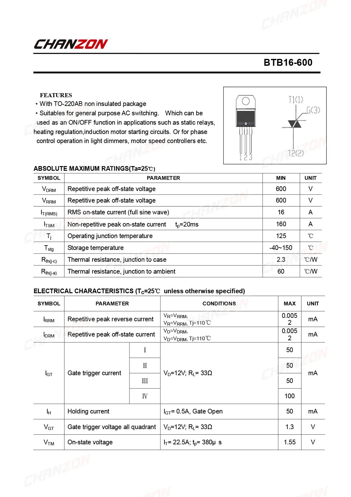 10Pcs BTB16-600 TO-220 BTB16 Triac SCR Transistor Bipolar Junction BJT Triode Tube Fets Thyristor 16A 600V Integrated Circuits