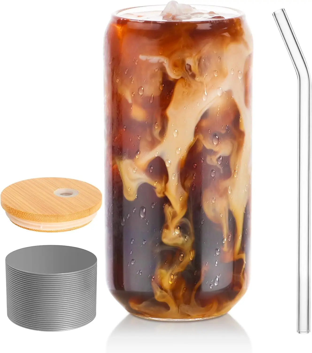 

16oz Can Shaped Glass with Lid, Straw & Sleeve - Ideal for Iced Coffee, Beer, Whiskey, Soda, Tea, Juice - Perfect Gift