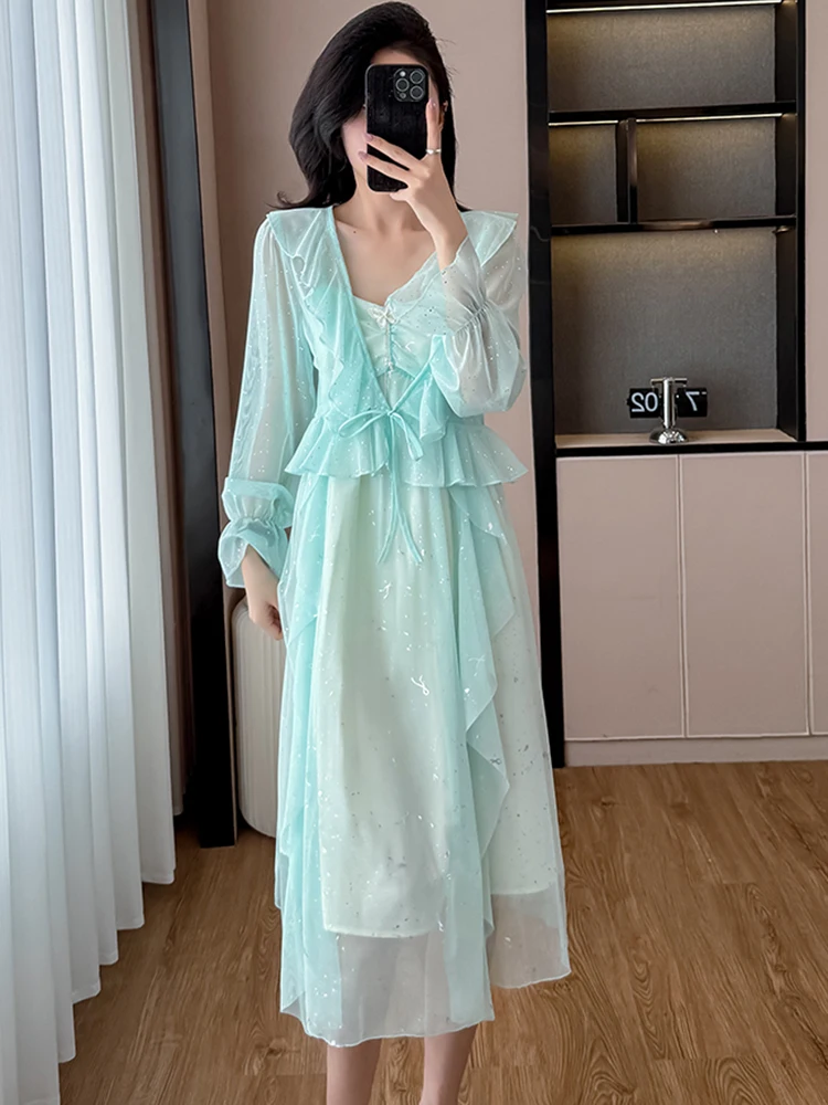 2025 Green Sequins Chic Ruffled Sling Long Dress+Long Sleeve Blouses Two Piece Sets Women Summer Elegant Casual Holiday Dresses