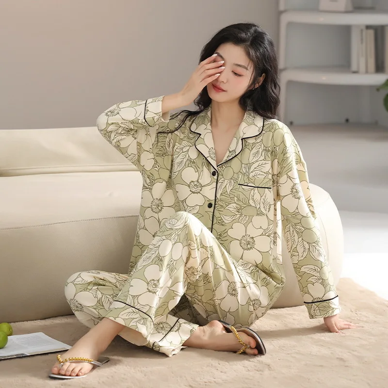 

Spring Autumn Women's Cotton Floral Pajamas Long Sleeve Cardigan Pants Oversized Casual Home Clothing Set Sweet Sleepwear