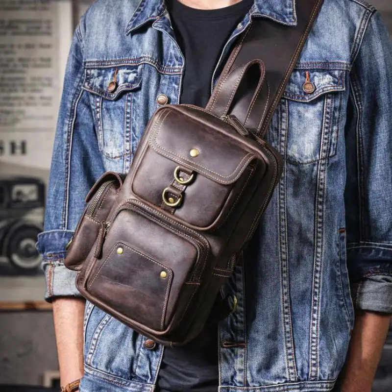 

PNDME casual sports high-quality crazy horse cowhide men chest bag weekend party luxury genuine leather motorcycle diagonal bag
