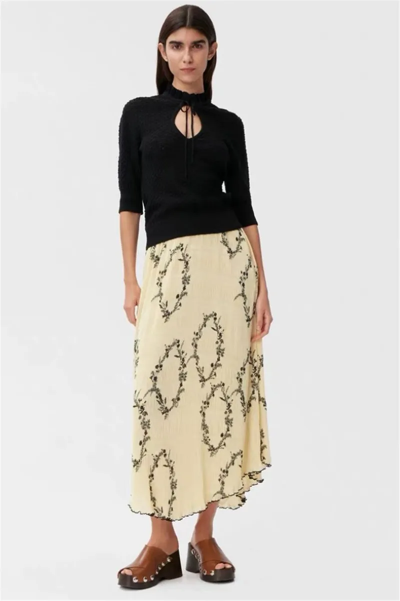 Spring Women's Medium Length Chiffon Sweet Yellow Print Skirts Female Chic Elegant Design Sense Irregular Lightweight Vestidos