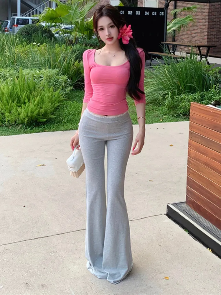 

Slim fit fashion two-piece set women's solid color square neck long sleeved pullover+high waisted lace edge flared pants