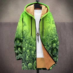 Men Cardigans Coats Trippy Line Art Skull Graphics Printed Plush Thick Winter Jackets Fashionable Streetwear Unisex Clothing