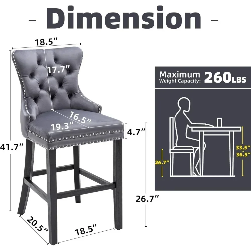 Fluwelen 26 inch barkrukken set van 6, zithoogte barkrukken op tegenhoogte met knopen getufte rugleuning, barstoelen met klinknagelversiering