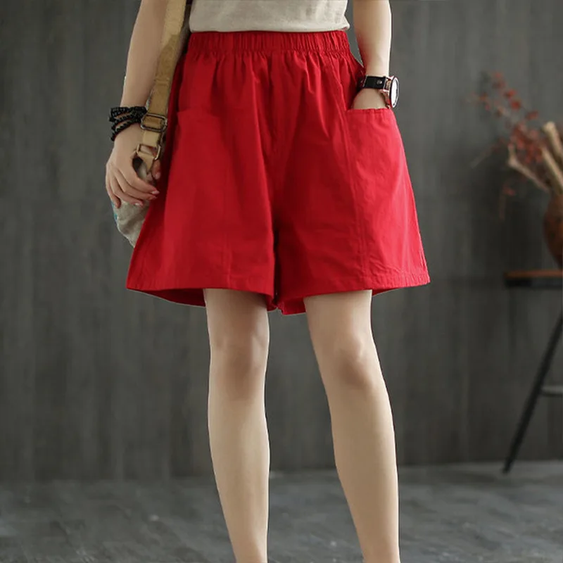 Women's Cotton Linen Shorts Comfortable Loose Wide-legged Drawstring Pants Casual Solid Color Ladies Short Femme