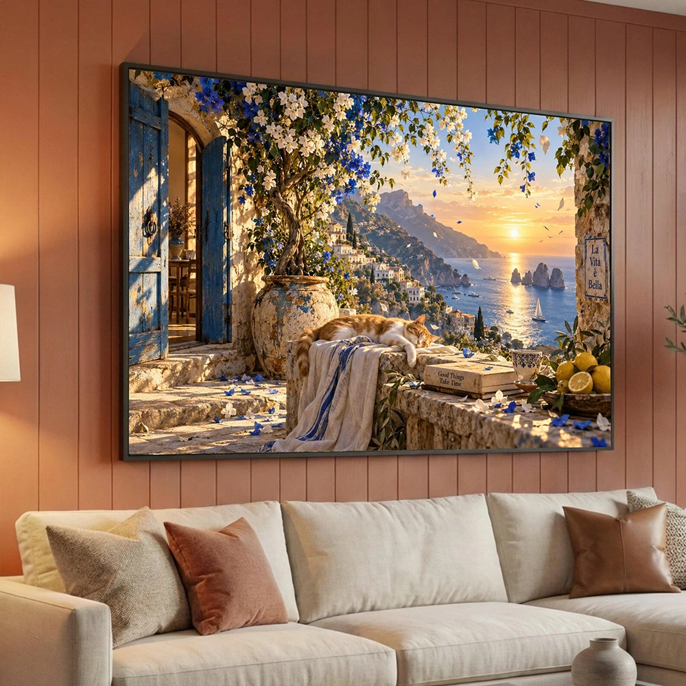 Tranquil Mediterranean Terrace, Sunset Coastal View Canvas, Relaxing Cat Scene, Floral Garden Wall Art, Canvas Print Poster, No