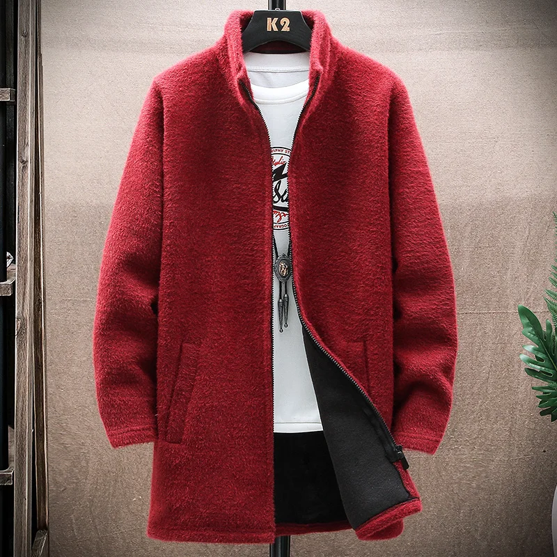 Autumn Winter Long Knit Cardigan Men Solid Color Stand Collar Knitted Sweatercoat Mens Warm Casual knitting Windbreaker Sweater