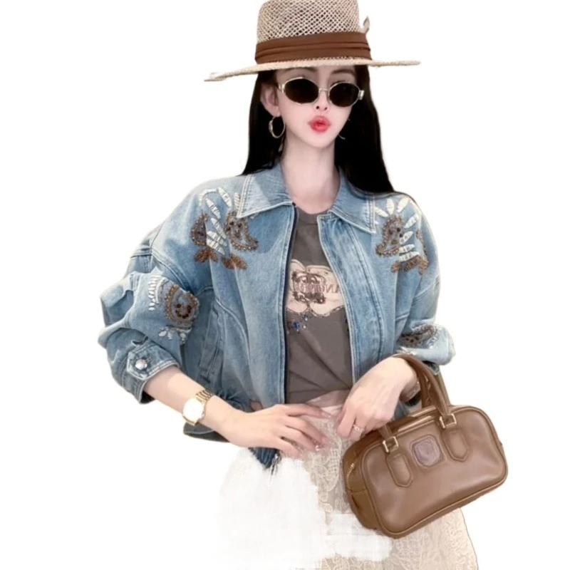European Station Autumn New Bead Embroidered Denim Jacket Women's Short Thin Age-reducing Design Jacket Temperament Commuting