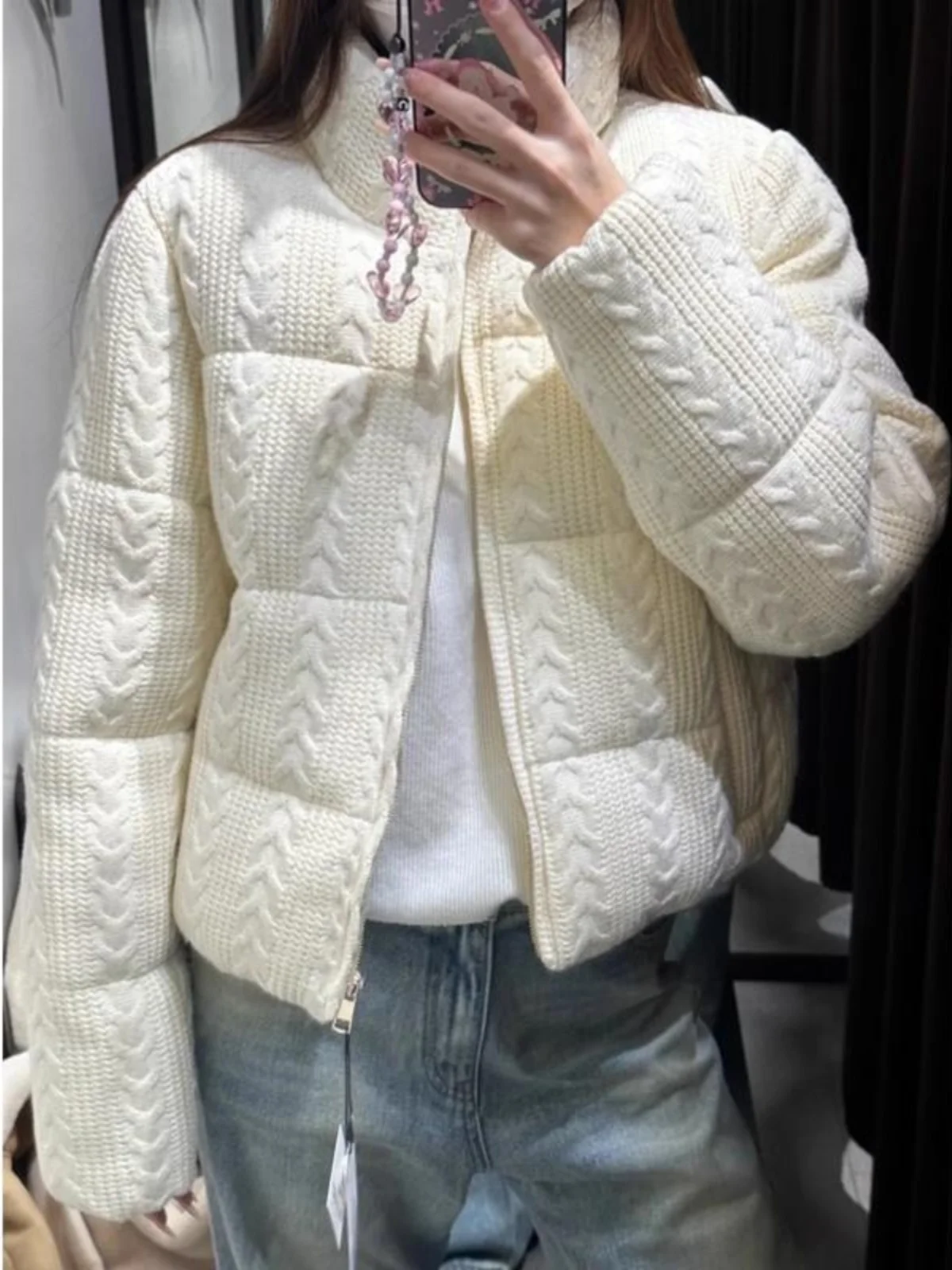 

Осень-зима, Новое поступление, женская белая вязаная куртка с воротником-стойкой, теплая хлопковая куртка, верхняя одежда из полиэфирного волокна