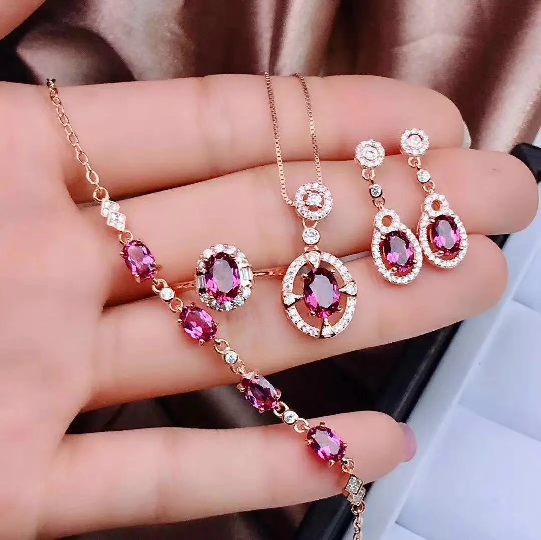 Megin Rose Gold Plated Garnet Red Zircon Crystal Stone Earring Collar Necklace Ring Bracelet Jewelry Set for Women Wedding Gift