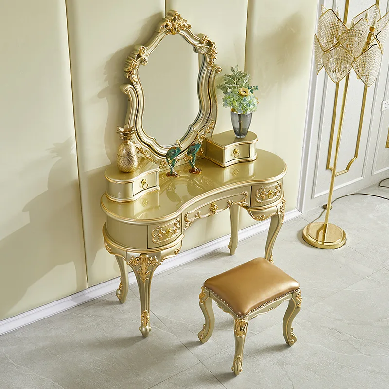 European solid wood dresser bedroom high-end princess makeup table combination champagne gold villa luxury engraved dresser