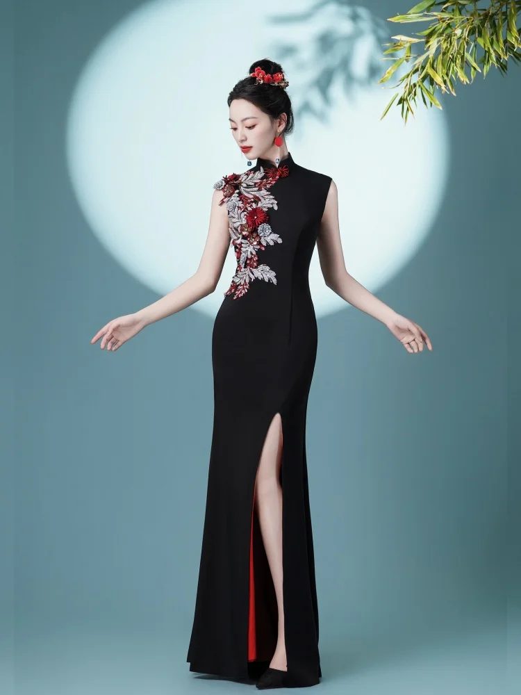 

Новое вечернее платье-ципао 2025 года с разрезом, для выступлений на сцене, стройнящее, длинное