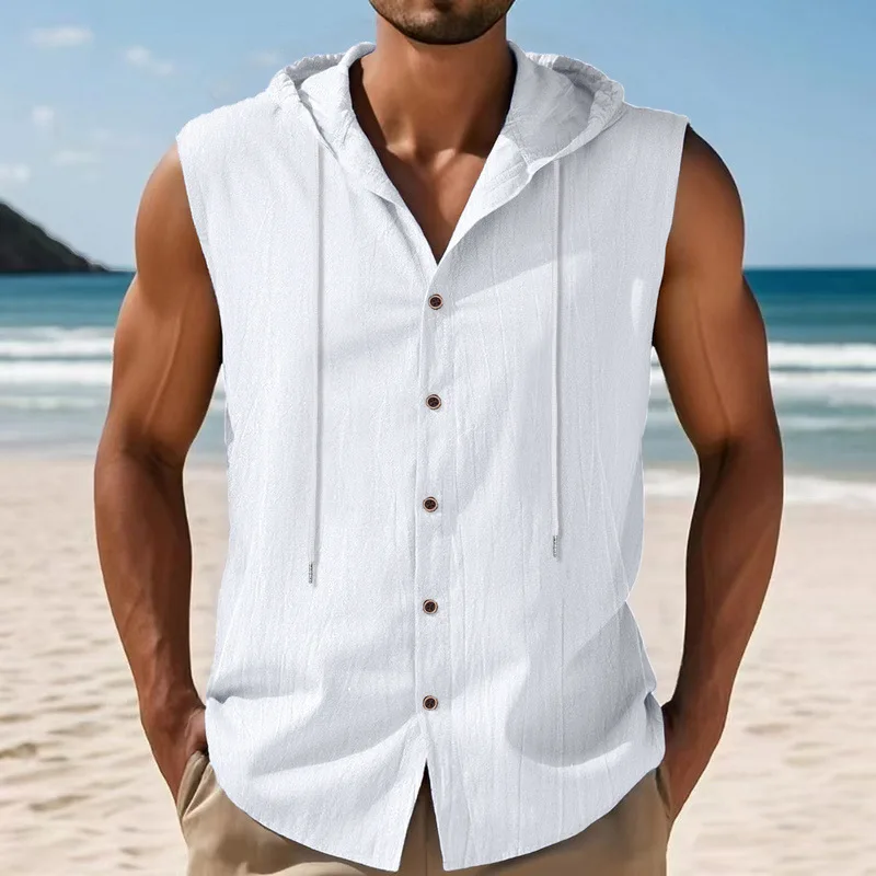 

Mens Summer Linen Blend Sleeveless Hooded Shirt Casual Loose Button Up Tank Top