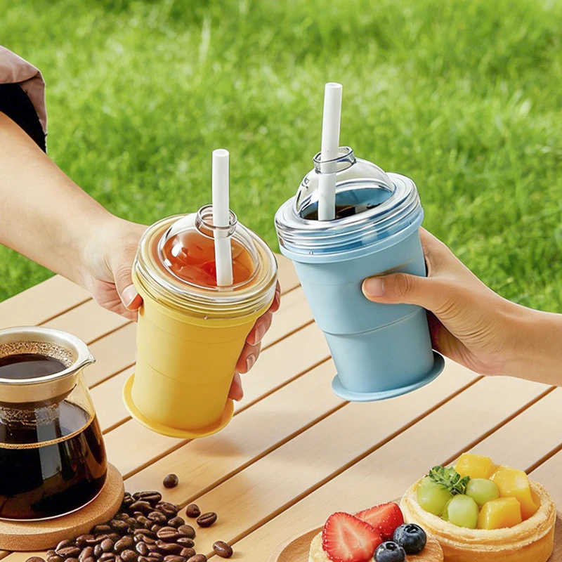 Food Grade Silicone Folding Ice Ball Cup Portable 2 In 1 Water Cup With Straw Ice Making And Drinking Tumbler For Summer Outdoor