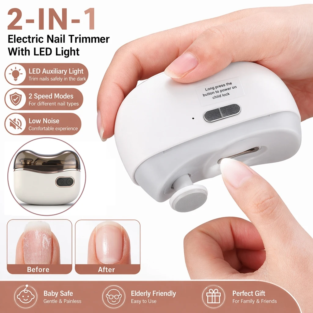 Electric Nail Clipper For Baby Adult Automatic Nail Trimmer Cutter Polisher With LED Light Portable Manicure Polishing Tool