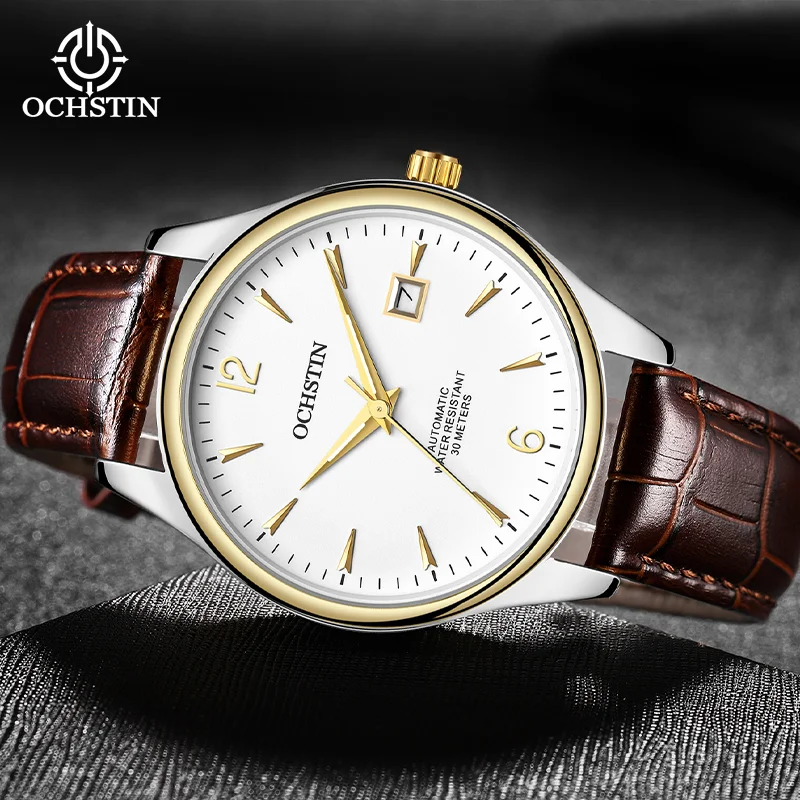 OCHSTIN Mineral Hardened Glass Business Watches Men's Fully Automatic Mechanical Movement Master Series Leather Strap Watch