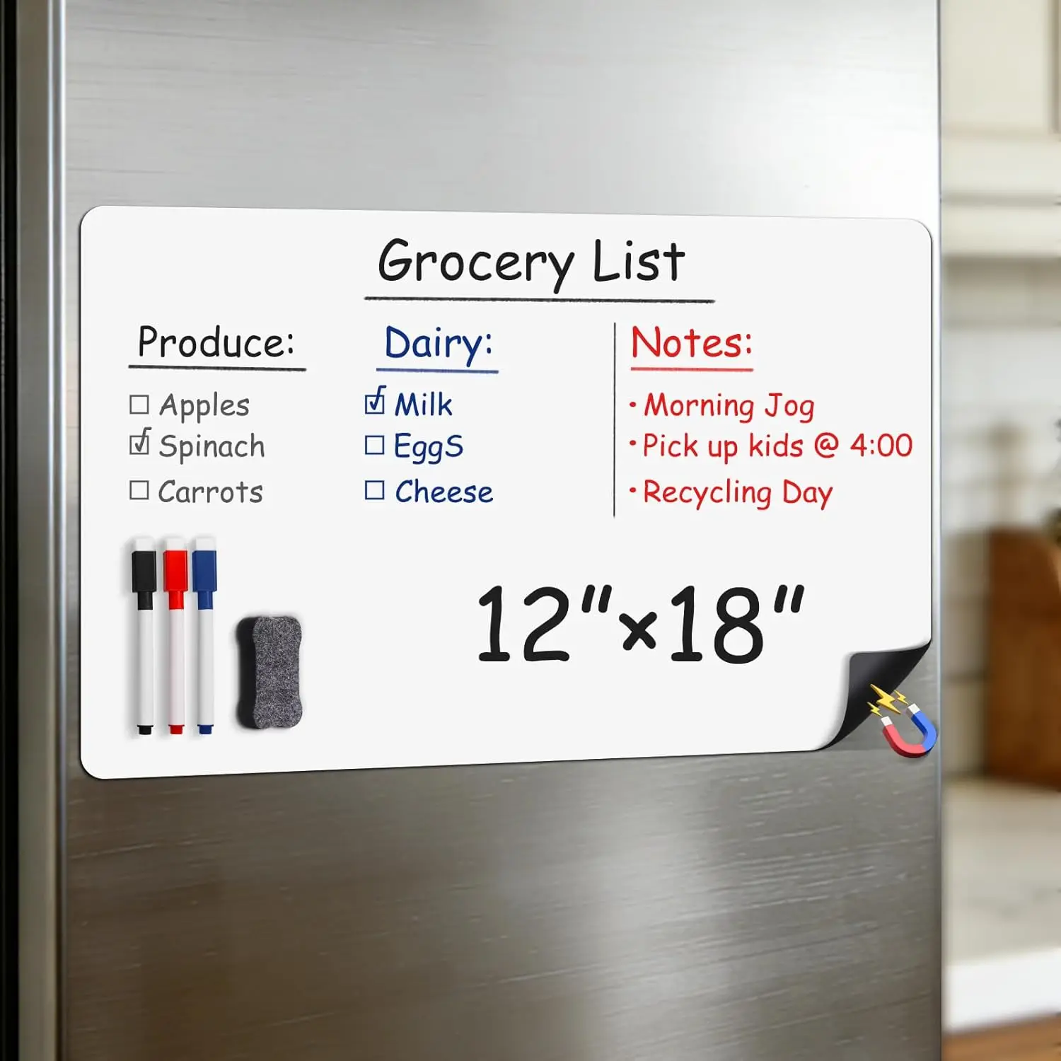 

Magnetic Whiteboard for Fridge 18x12 Inch Dry Erase Board Sheet with Markers and Eraser, Strong Grip for Kitchen Refrigerator as