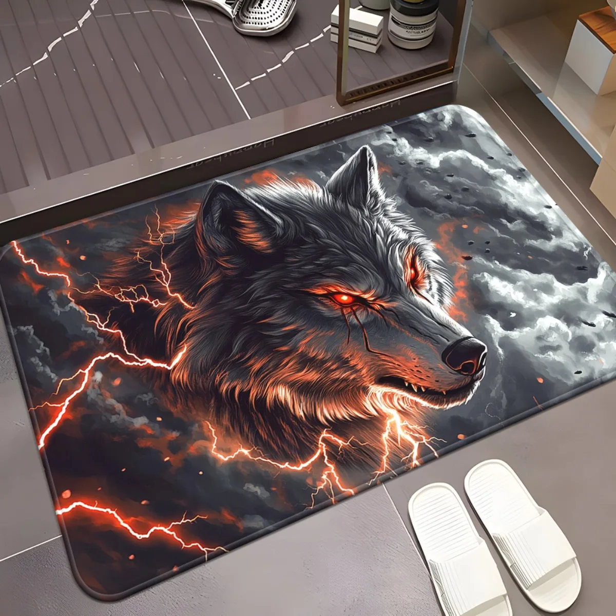 3D Wolf Rug Flannel Soft Kids Carpet Lightning Print Bedroom Kitchen Floor Mat Anti Slip