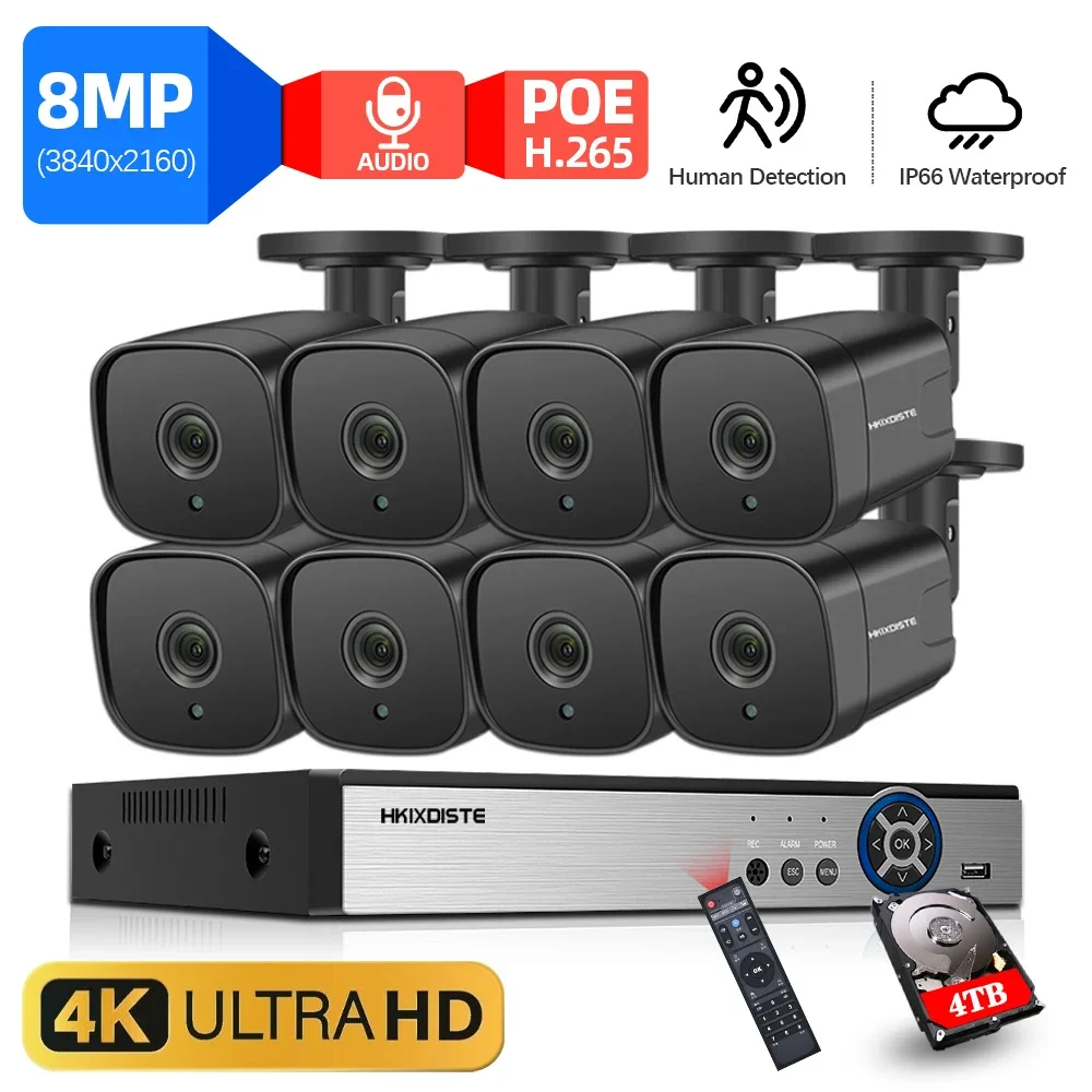 

8CH 4K POE Security Protection Camera System P2P AI Video Surveillance Kit Audio Outdoor Home 8MP IP Camera CCTV NVR Set 4CH