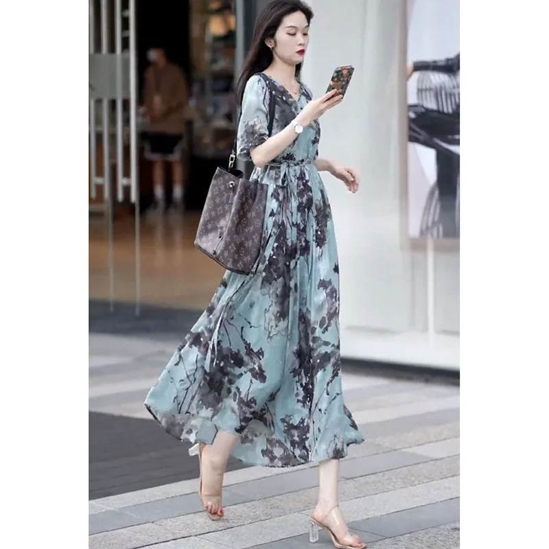 Fashion V-Neck Pockets Printed Folds Bandage Vintage Dress Women's Clothing 2024 Summer New Loose Office Lady Floral Dresses