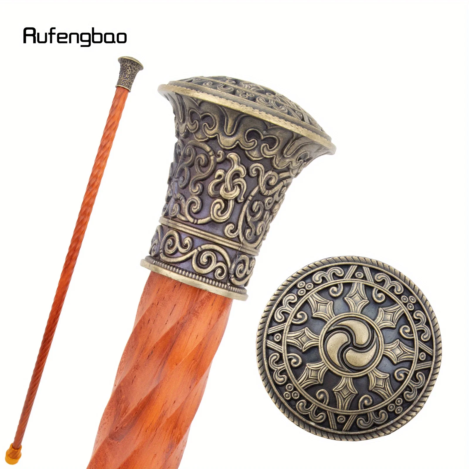 Copper Orange Round Wooden Traditional Fashion Stick Decorative Party Wood Cane Mace Wand Crosier Performance Stage Cane 95cm