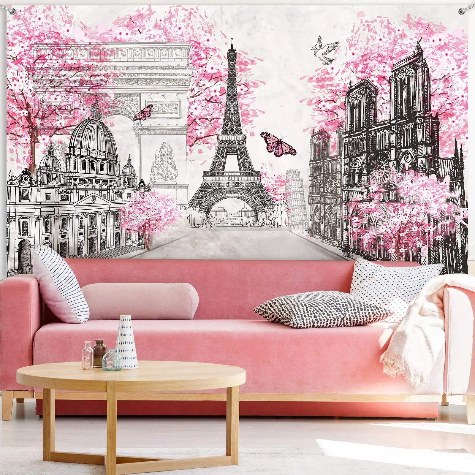 

Paris Tapestry Backdrop Paris Wall Art Eiffel Tower Photo Banner Background European City Landscape Pink Wall Hanging Decor