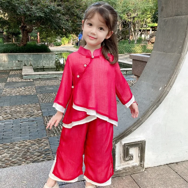 Girls 2022 New Autumn Thin Spring Hanfu Suit Cute Girls Long Sleeved Chinese Style Two Piece Set Ancient Fairy Baby Tang Suit