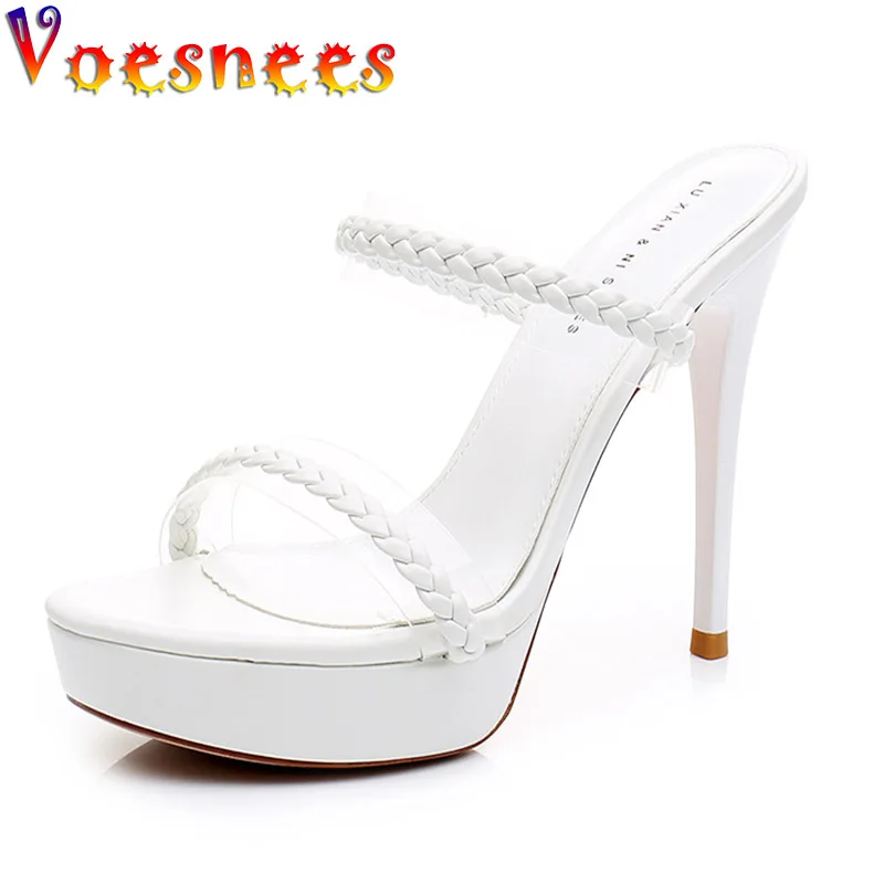 Voesnees 2022 New Weave Slippers Fashion Design Ice Velvet Thin Rope Sandals Summer Slides Transparent High Heels Shoes Women