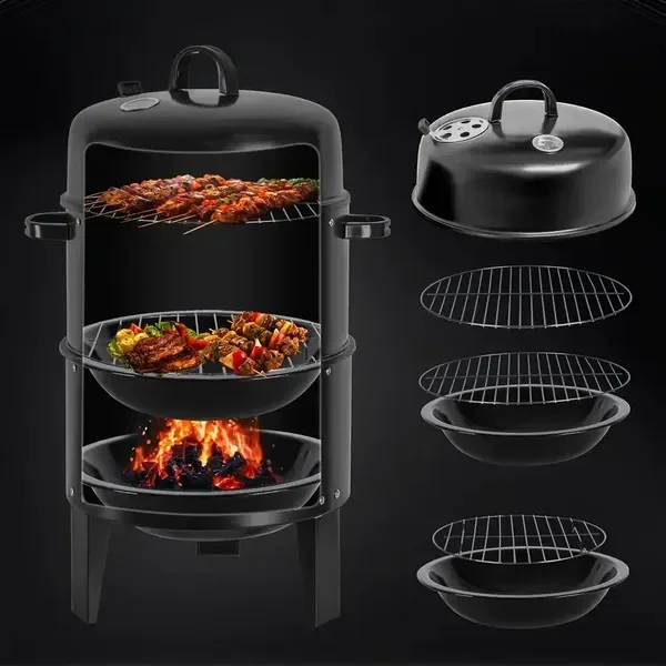 Grelhador portátil para fumante a carvão de 16' e 3 camadas com fácil controle de temperatura - Grelhador vertical preto para