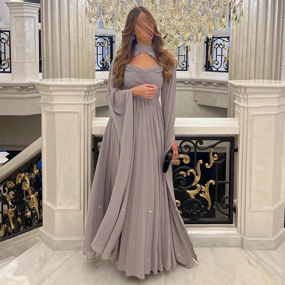 

Long Sleeve Pleat A-line Evening Dresses High Vintage Celebrity Banquet Dress Hollow Out Prom Gown vestidos de gala