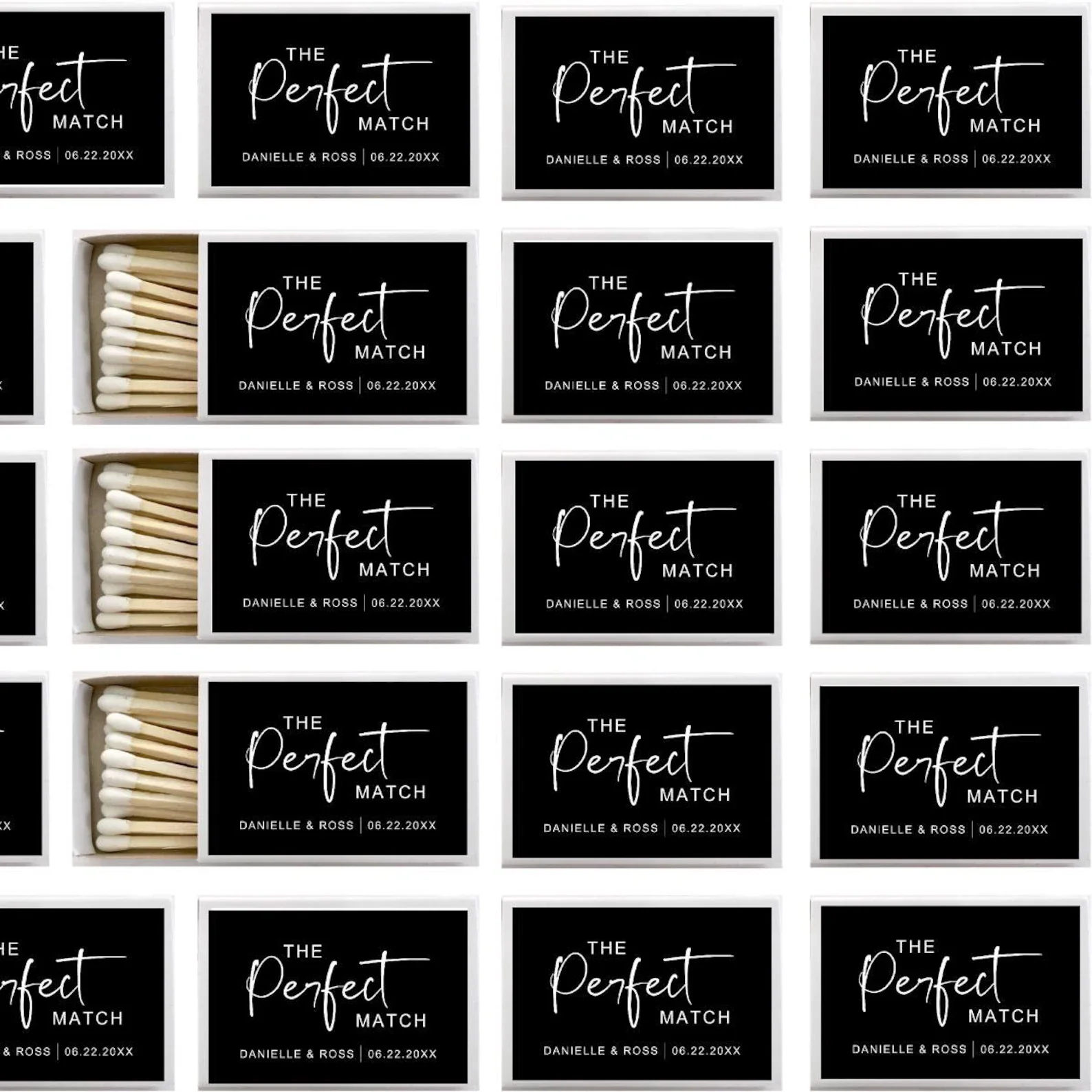 カスタムマッチ箱、マッチ、結婚式のゲスト用記念品、完璧なマッチラップアラウンドラベル