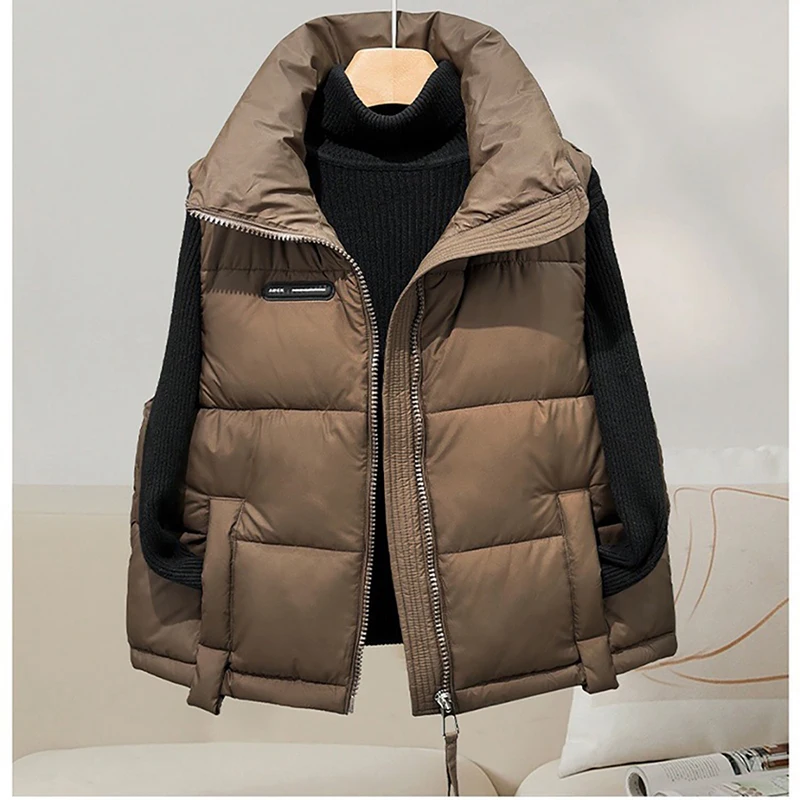 

Женские пуховые жилеты с хлопковой подкладкой, повседневные свободные зимние жилеты с воротником-стойкой, легкие теплые пальто без рукавов, топы