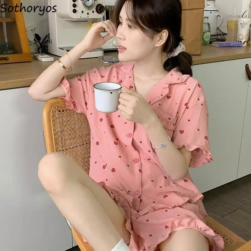 Pajama Sets Women Love Sweet All-match Daily Creativity Home Casual Delicate Korean Style Charming Elegant Tender Summer Student