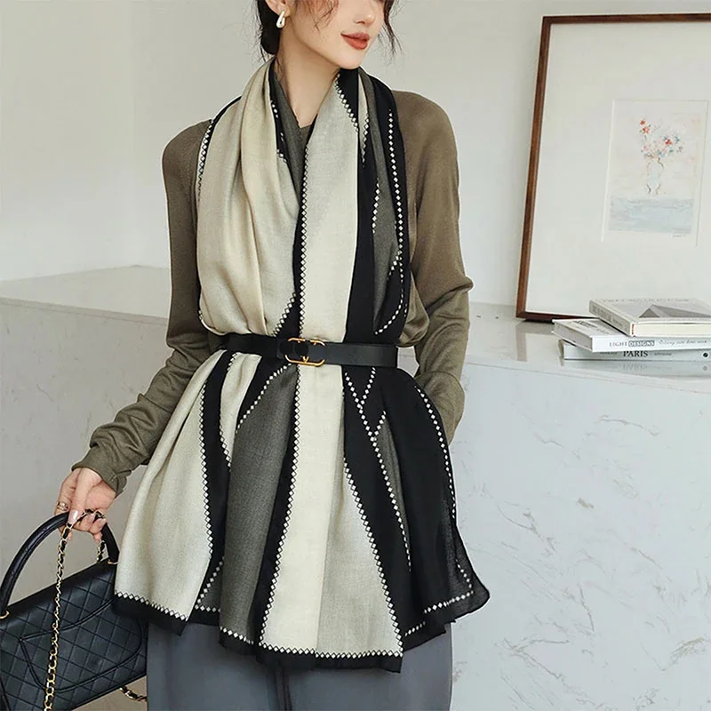 موضة مطبوعة شريط الهندسة شال القطن وشاح فسكوزي المرأة في الهواء الطلق واقية من الشمس الخمار الحجاب 182*83 سنتيمتر #3