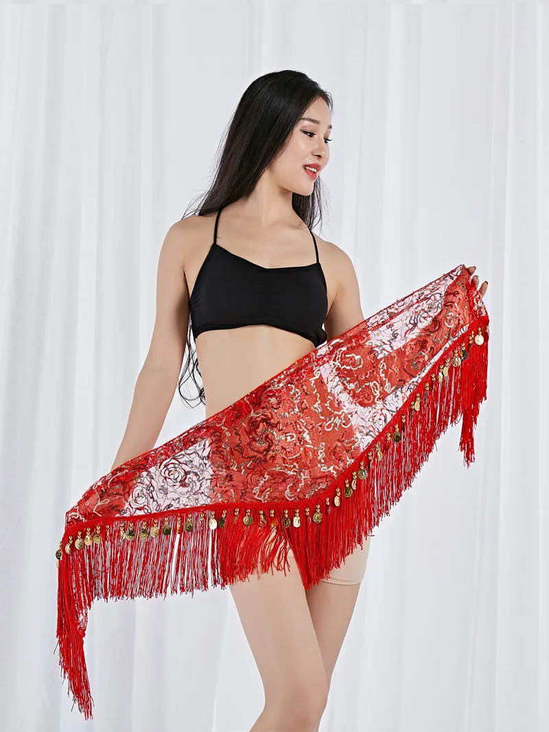 customized women's adult belly dance costume tassel performance with waist chain hip scarf sequin triangle scarf tassel skirt