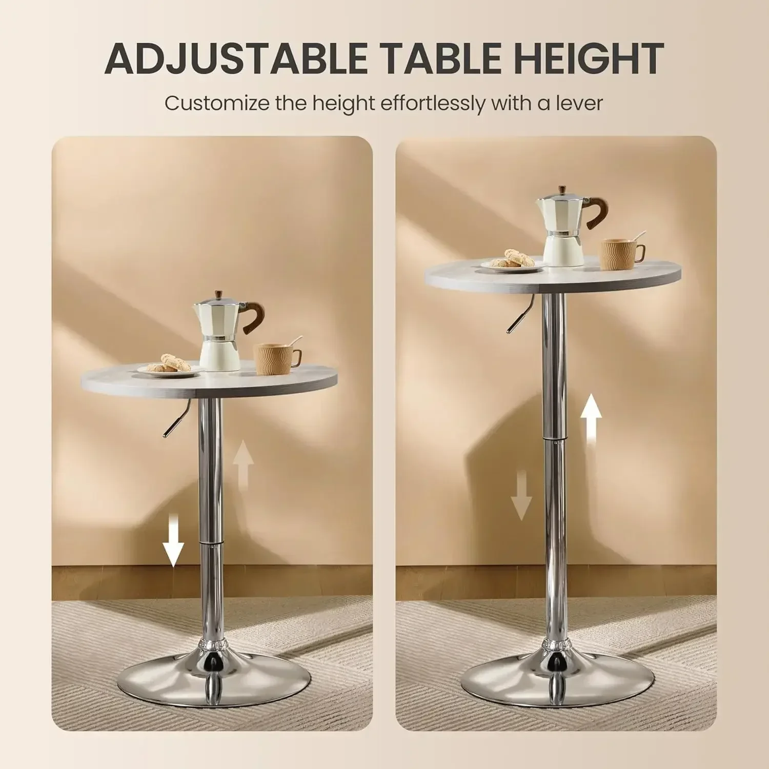 Round Bar Table,Adjustable Height and 360° Swivel Bar Tables, Cocktail Table with MDF Top, Silver Leg Base for Bar, Bistro, Café