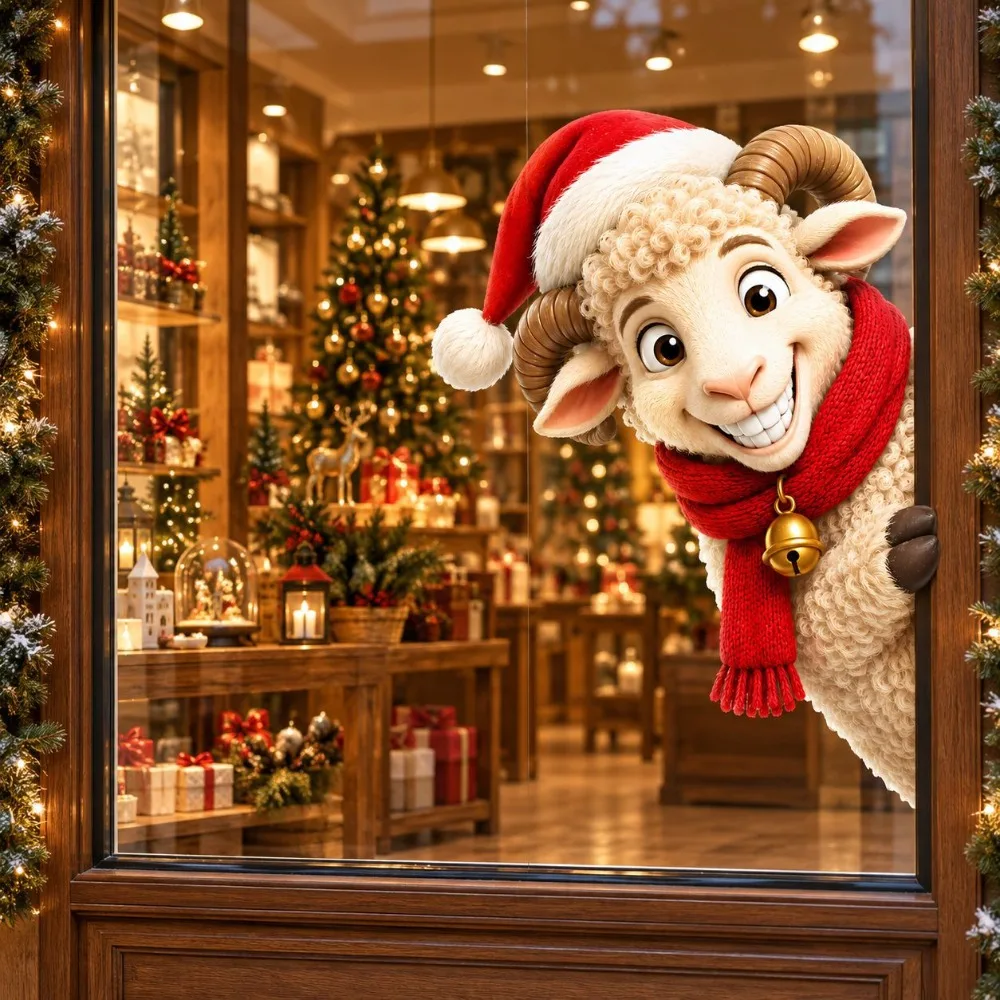 Peeking Sheep Static Window Cling Christmas Santa Hat Lamb Glass Sticker No Glue Removable Decal Window Home Shop Display Decor