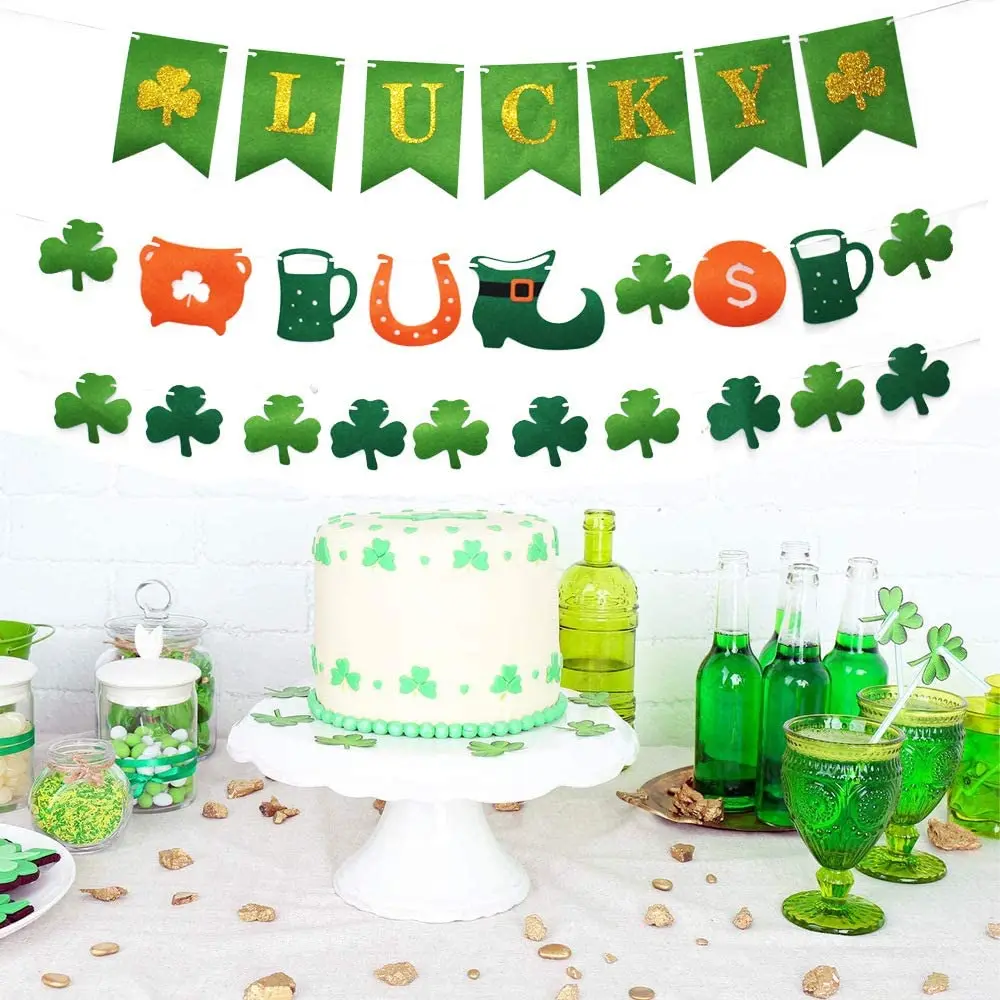 Green Hollow Lucky Irish Shamrock Clover Fabric Triangle Banner Flag St. Patrick’s Day Party Shamrock Garland Hanging Decoration
