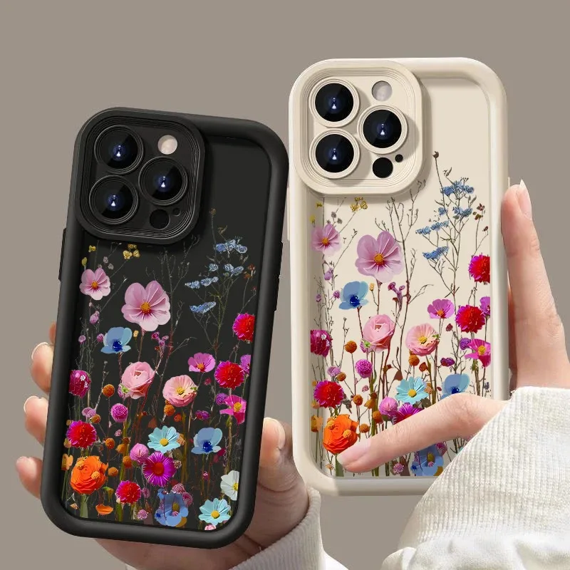 Shockproof Silicone Case For iPhone 15 16 17 pro max 14 13 12 11  Colorful Flowers Print Soft Phone Cover