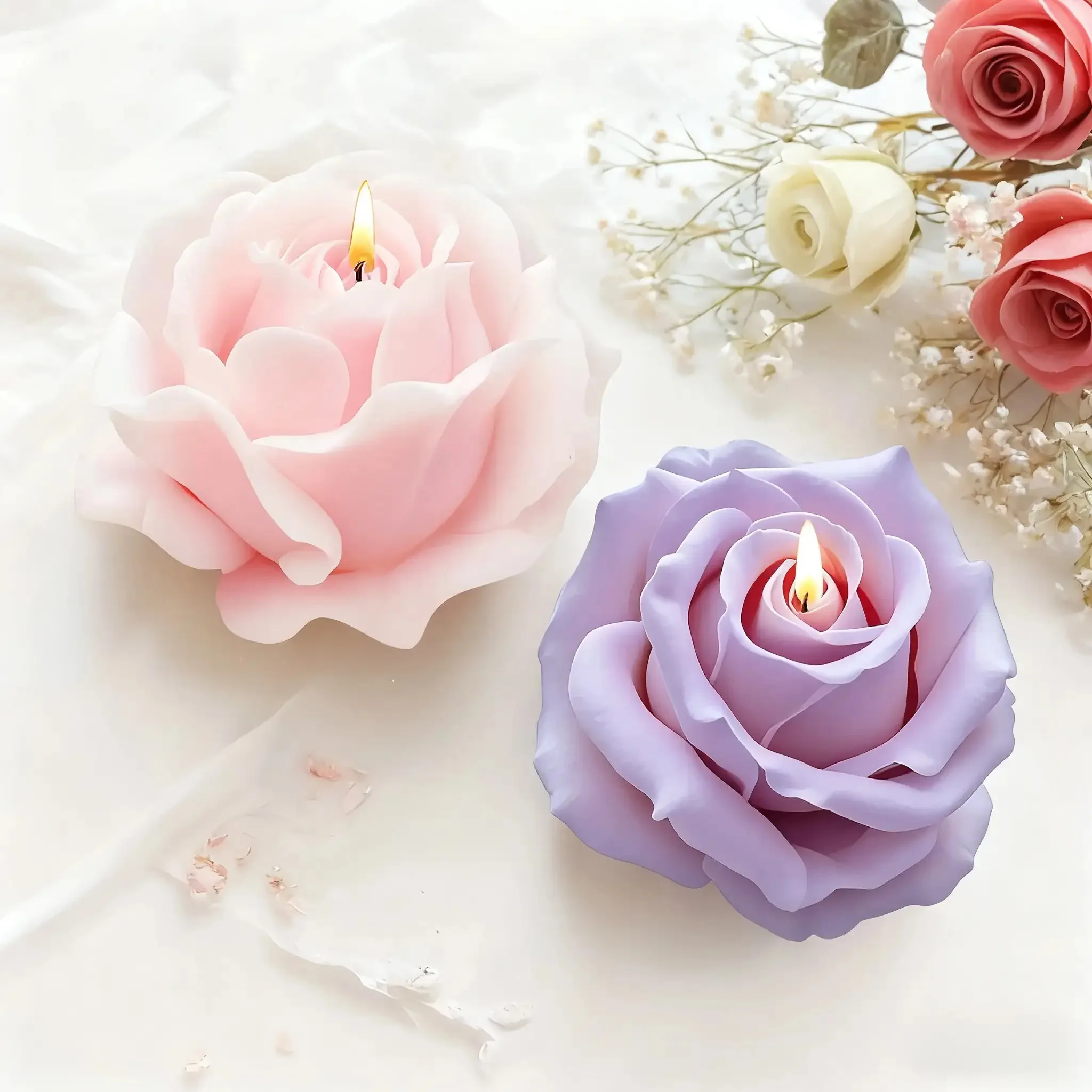 قطعتان من قوالب شموع السيليكون الوردية ثلاثية الأبعاد الرومانسية - قوالب زهور عالية الجودة قابلة لإعادة الاستخدام، مناسبة للشمع العطري، صابون مصنوع يدويًا، صناعة الراتنج - هدايا عيد الحب وعيد الأم، تصميم بتلات رائعة، نسيج ناعم